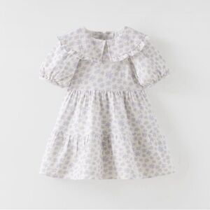 Zara Girls Lavender Floral Ruffle Collar Puff Short Sleeve Tiered Dress Size 3/4